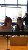 Young women in a cafe talking and using laptop video