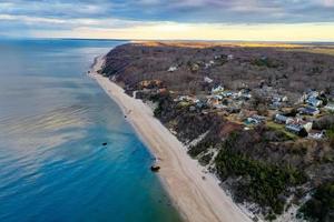 Aerial view of Reeves Beach with the Roanoke Barges shipwreck in Riverhead Long Island, New York. photo