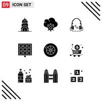 Mobile Interface Solid Glyph Set of 9 Pictograms of shop business audio vehicles construction Editable Vector Design Elements