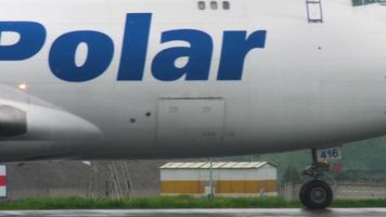 ALMATY, KAZAKHSTAN MAY 4, 2019 - Cargo Airplane Polar Air Boeing 747 N416MC taxiing before departure. Almaty International Airport, Kazakhstan video