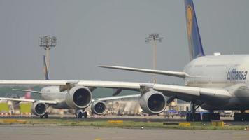 FRANKFURT AM MAIN, GERMANY JULY 19, 2017 - Lufthansa Airbus 380 taxiing to start. Fraport, Frankfurt, Germany video