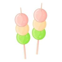 Japanese dessert dango in the form of three balls on a stick. Asian food. Colorful vector illustration isolated on white background.