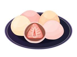 daifuku de fresa. postres japoneses en plato. mochi redondo con frijol rojo o chocolate. Ilustración de vector colorido aislado sobre fondo blanco.