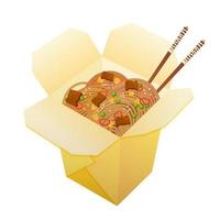 Takeaway carton wok box noodles with vegetables and fried meat. Asian food. Colorful vector illustration isolated on white background.