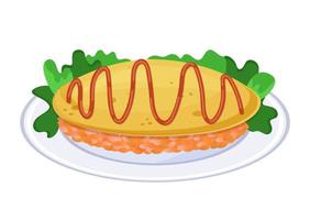 Omurice, Japanese omelette and rice topped with tomato sauce. Close up asian food on plate. Colorful vector illustration isolated on white background.