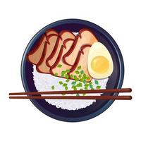 tazón de arroz con bistec de carne teriyaki con huevo y palillos, vista superior. comida asiática. Ilustración de vector colorido aislado sobre fondo blanco.