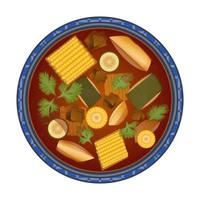 sopa de sancocho. guiso de carnes y verduras. comida latinoamericana. cerrar la vista superior del tazón. Ilustración de vector colorido aislado sobre fondo blanco.