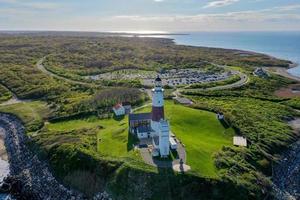 Aerial view of the Montauk Lighthouse and beach in Long Island, New York, USA. photo