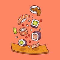 conjunto de sushi flotante de la ilustración del icono del vector de dibujos animados de la placa