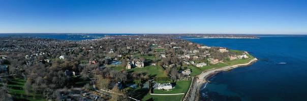 Newport, Rhode Island - Nov 29, 2020 -  Aerial view of the rocky coast and cliffwalk of Newport, Rhode Island. photo