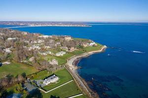 Aerial view of the rocky coast and cliffwalk of Newport, Rhode Island. photo