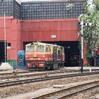 Kalka, Haryana, India May 14 2022 - Indian toy train diesel locomotive engine at Kalka railway station during the day time, Kalka Shimla toy train diesel locomotive engine photo