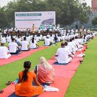 Group Yoga exercise session for people of different age groups at cricket stadium in Delhi on International Yoga Day, Big group of adults attending yoga session photo