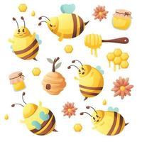 lindo elemento de conjunto de pegatinas de animales de abeja de dibujos animados gordos con panal, miel, flor, colmena para niños felices vector