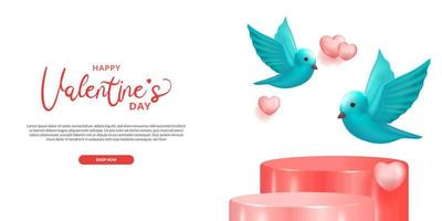 oferta de venta del día de san valentín promoción de descuento con exhibición de productos en el escenario del podio rosa dulce con pareja voladora pájaro vector
