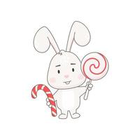 lindo personaje de conejo con piruleta y bastón de caramelo aislado en blanco. ilustración vectorial de conejito. vector