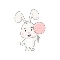 Cute rabbit character with lollipop isolated on white. Bunny vector illustration.