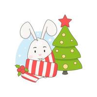 lindo personaje de conejo con árbol de navidad aislado en blanco. vector