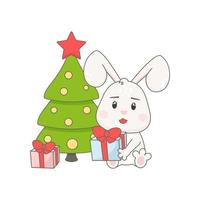 lindo personaje de conejo con árbol de navidad aislado en blanco. vector