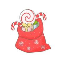 Full gift open Santa Claus red bag. Isolated on white vector cartoon illustration