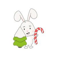 lindo personaje de conejo con árbol de navidad aislado en blanco. vector