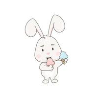 Cute rabbit character with ice cream isolated on white. Bunny vector illustration.