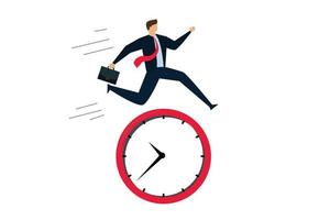 Smart time management, businessman employee worker jump over time passing clock. vector