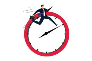 Work efficiency, businessman holding suitcase jumping on clock hands metaphor of time management vector