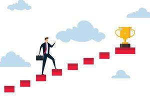 Success in business, successful businessman step up on wooden stairs to reach winner achievement trophy on top of the stair case. vector