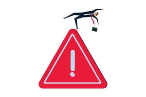 Mistake caution, businessman slip falling on exclamation symbol beware, careful caution sign. vector