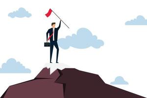 Leadership to reach business goal,  ambitious businessman leader holding winner flag standing pride on top of mountain peak. vector