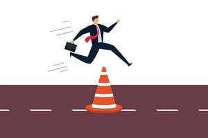 Overcome business obstacle, smart bravery businessman run the way around and jump pass traffic pylon roadblock. vector