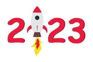 año nuevo 2023 recuperación económica, año calendario número 2023 con lanzamiento de cohete comercial en el número uno. vector