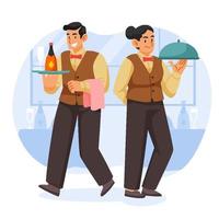 Couple Waiter Holding Glass of Champagne and Towel vector