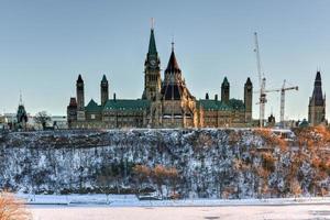 la colina del parlamento y la casa del parlamento canadiense en ottawa, canadá, al otro lado del río congelado de ottawa durante el invierno. foto