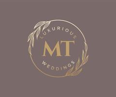 plantilla de logotipos de monograma de boda con letras iniciales mt, plantillas florales y minimalistas modernas dibujadas a mano para tarjetas de invitación, guardar la fecha, identidad elegante. vector