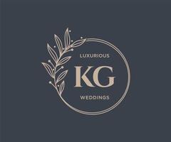 Plantilla de logotipos de monograma de boda con letras iniciales de kg, plantillas florales y minimalistas modernas dibujadas a mano para tarjetas de invitación, guardar la fecha, identidad elegante. vector