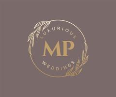 plantilla de logotipos de monograma de boda con letras iniciales de mp, plantillas florales y minimalistas modernas dibujadas a mano para tarjetas de invitación, guardar la fecha, identidad elegante. vector