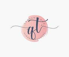 Initial QT feminine logo. Usable for Nature, Salon, Spa, Cosmetic and Beauty Logos. Flat Vector Logo Design Template Element.