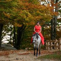 una mujer con un vestido rojo se sienta en un caballo, un paseo otoñal por el bosque. foto