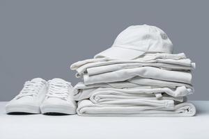 Stack of white clothes, trainers and baseball cap photo