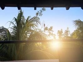 View with blue sky and palms from hotel balcony at sunset time photo