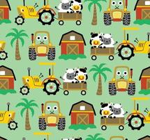 Seamless pattern vector of farm field elements cartoon with funny tractors and farm animals