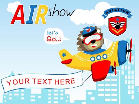 Cartoon vector of funny lion on airplane pulling banner across buildings with aviation logo