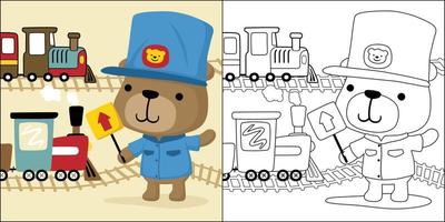 vector cartoon of steam train cartoon with funny bear in machinist costume, coloring book or page