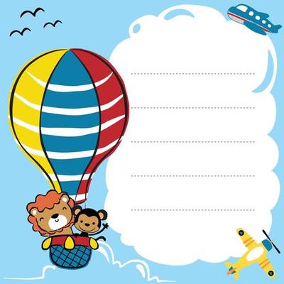 frame border template of hand drawn lion and monkey cartoon on hot air balloon, air transport illustrations