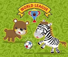 Bear with zebra playing soccer on seamless pattern of soccer ball and trophy background. Vector cartoon illustration