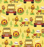 Seamless pattern vector of safari elements cartoon with funny animals and car