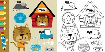 funny cat cartoon with its toys, pet elements vector illustration, coloring book or page