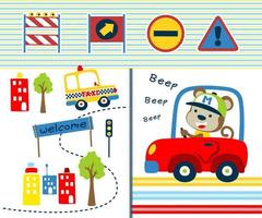 Traffic elements vector illustration with cartoon funny monkey driving car